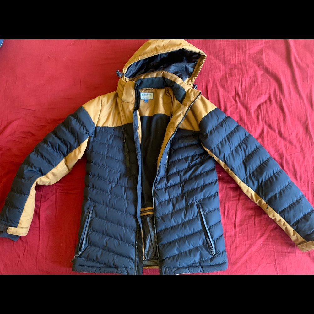 Tan and Dark Blue Jacket .